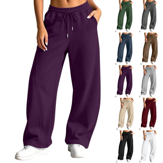 HomeDM Women's Baggy Sweatpants Wide Leg Drawstring Elastic Waist Lounge Sweat Pants with Pockets Purple S