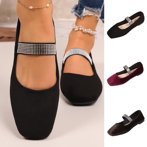 HomeDM Women's Ballet Flats Closed Square Toe Rhinestone Strap Slip On Summer Dressy Flats Sandals, Black Size 5.5