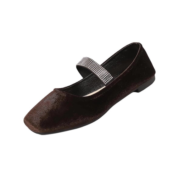HomeDM Women's Ballet Flats Closed Square Toe Rhinestone Strap Slip On Summer Dressy Flats Sandals, Brown Size 6.5