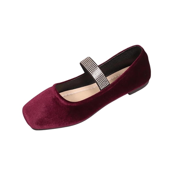 HomeDM Women's Ballet Flats Closed Square Toe Rhinestone Strap Slip On Summer Dressy Flats Sandals, Wine Size 5.5