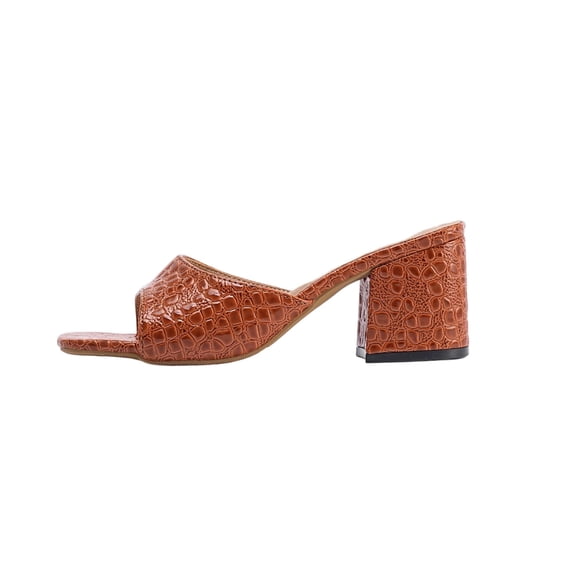 HomeDM Women's Block Chunky Heels Sandals Square Open Toe Slip On Casual Summer Mules Dressy Slide Sandals, Coffee Size 7.5