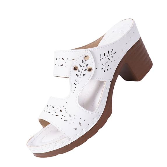 HomeDM Women's Block Heels Flatform Sandals Round Open Toe Two Strap Slip On Summer Beach Sandals, White Size 10