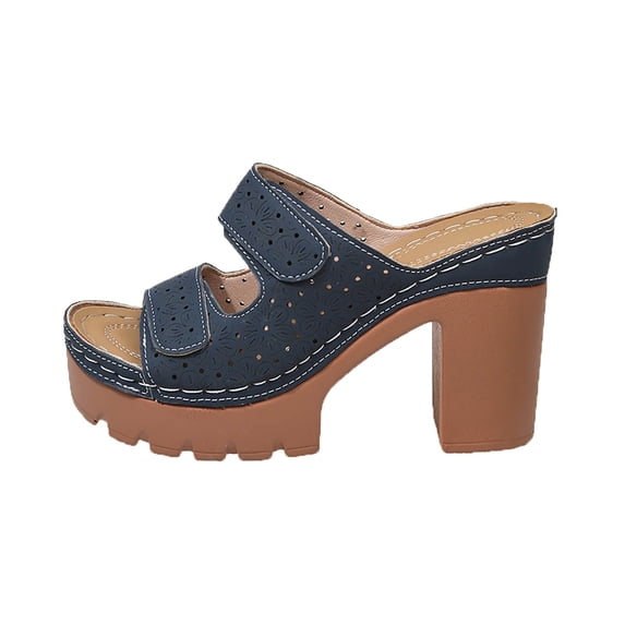 HomeDM Women's Block Heels Sandals Flatform Round Open Toe Two Strap Slip On Mules Sandals, Navy Size 6