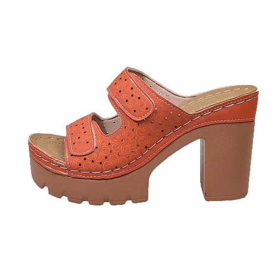HomeDM Women's Block Heels Sandals Flatform Round Open Toe Two Strap Slip On Mules Sandals, Orange Size 9