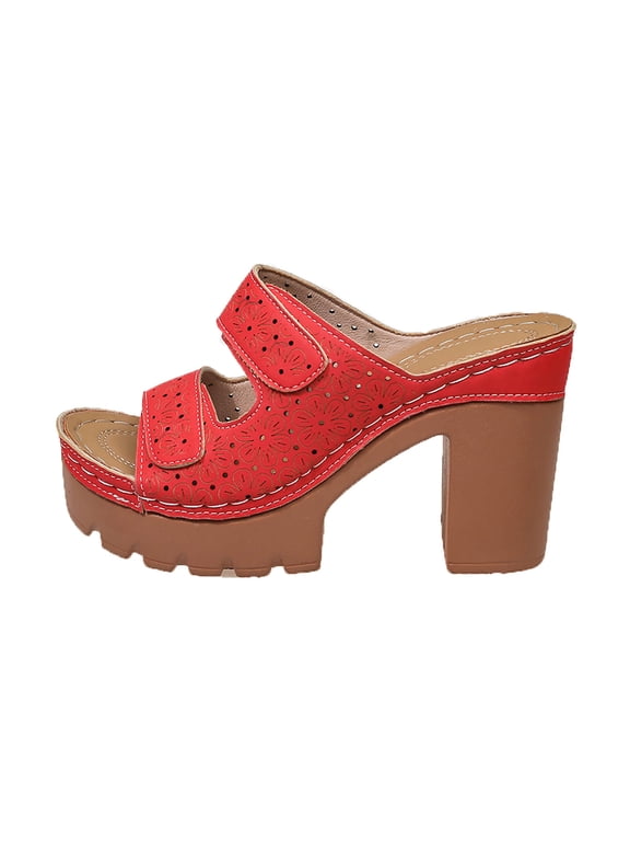 Women's Block Heels Sandals Flatform Round Open Toe Two Strap Slip On Mules Sandals, Red Size 5.5