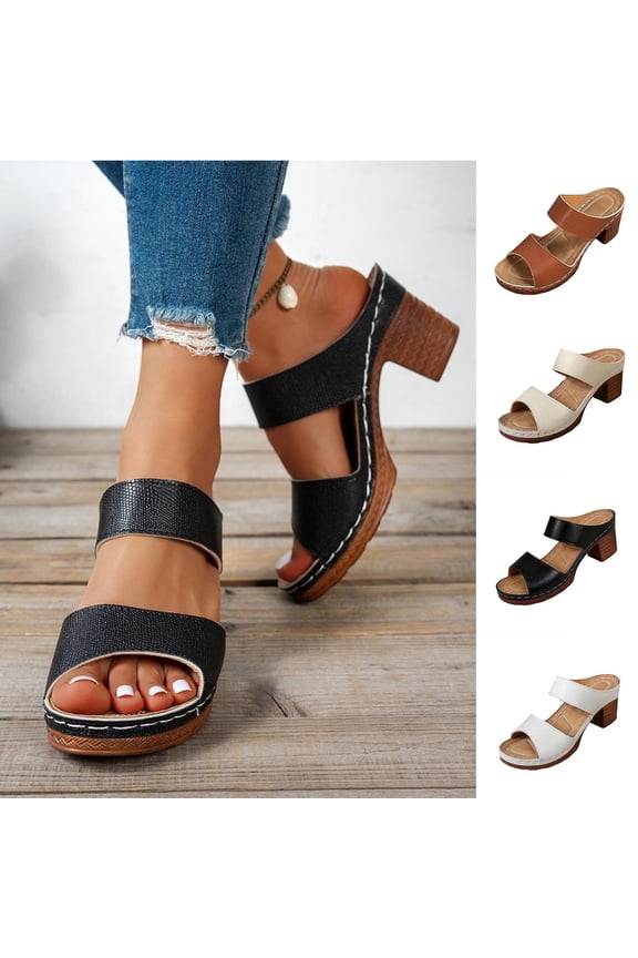 Women's Block Heels Sandals Two Strap Flatform Open Toe Slip On Mules Sandals, Black Size 5.5
