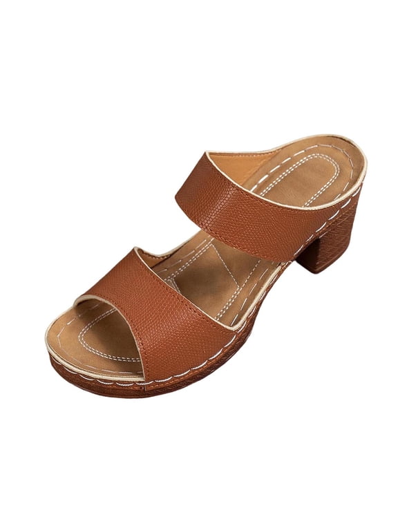 Women's Block Heels Sandals Two Strap Flatform Open Toe Slip On Mules Sandals, Brown Size 5.5