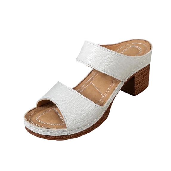 HomeDM Women's Block Heels Sandals Two Strap Flatform Open Toe Slip On Mules Sandals, White Size 9