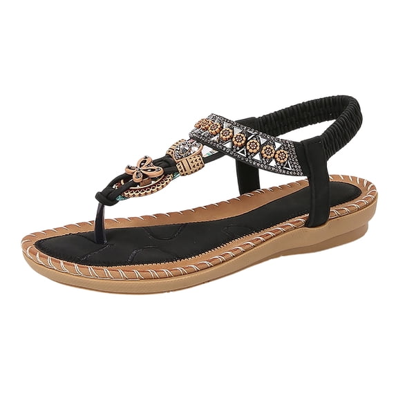 HomeDM Women's Bohemian Flat Sandals Open Toe Slip-On Elastic Ankle Strap Summer Beach Thong Sandals, Black Size 5.5