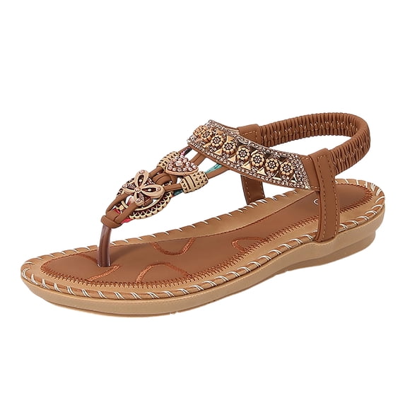 HomeDM Women's Bohemian Flat Sandals Open Toe Slip-On Elastic Ankle Strap Summer Beach Thong Sandals, Brown Size 7.5