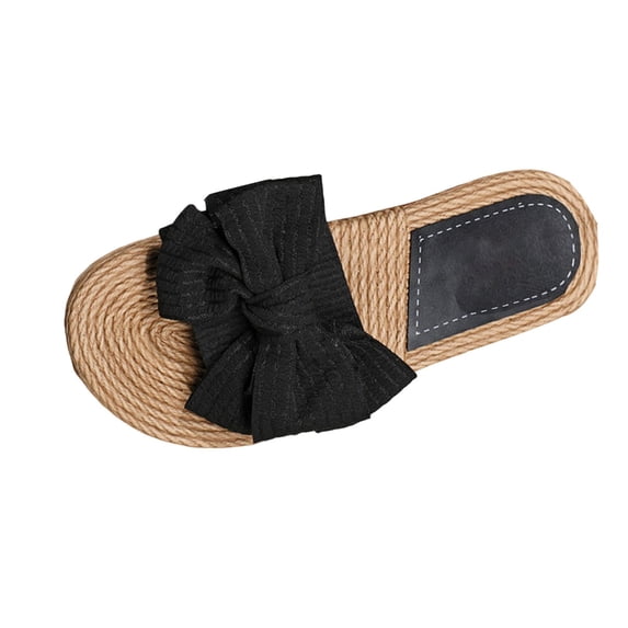 HomeDM Women's Bow Knot Flat Sandals Open Toe Slides Summer Slip On Slippers, Black Size 9