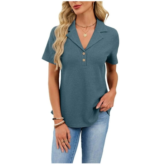 HomeDM Women's Button Down Collared V Neck Summer Tops, Short Sleeve Solid Color Loose Fit Dressy Blouses - Blue/2XL