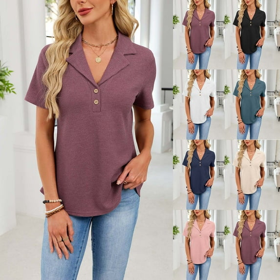 HomeDM Women's Button Down Collared V Neck Summer Tops, Short Sleeve Solid Color Loose Fit Dressy Blouses - Wine/L