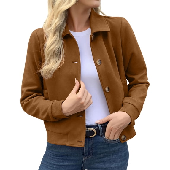 HomeDM Women's Button Down Jacket Long Sleeve Collared Cropped Faux Suede Outerwear with Pockets