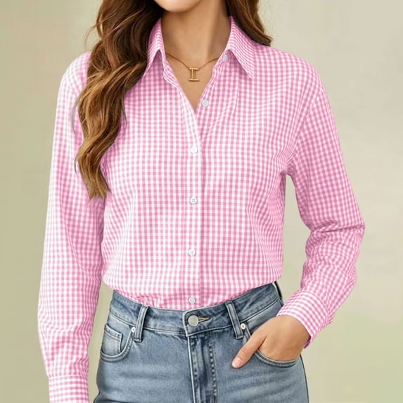 HomeDM Women's Button Down Shirts Gingham Long Sleeve Dressy Collared Blouse Tops for Work Office