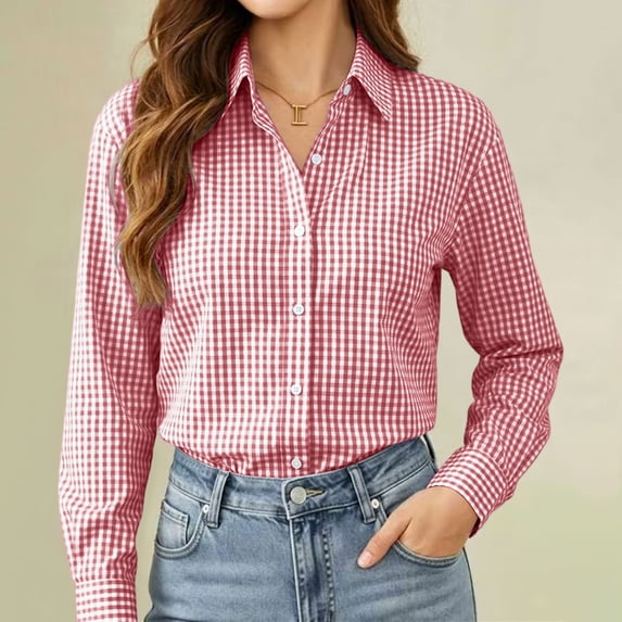HomeDM Women's Button Down Shirts Gingham Long Sleeve Dressy Collared Blouse Tops for Work Office