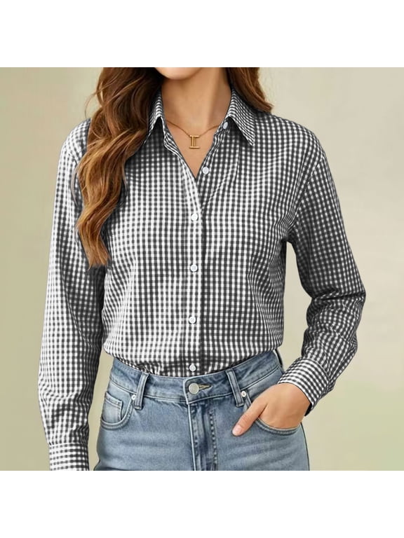 Women's Button Down Shirts Gingham Long Sleeve Dressy Collared Blouse Tops for Work Office