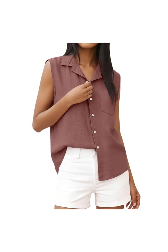 HomeDM Women's Button Down Tank Tops, Sleeveless Collared Tops Summer Casual Shirts - Pink/XL