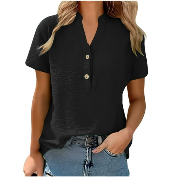 HomeDM Women's Button Down V Neck Short Sleeve Shirts Solid Color Work Office Casual Tops - Black/XL