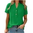 thumbnail image 1 of HomeDM Women's Button Down V Neck Short Sleeve Shirts Solid Color Work Office Casual Tops - Green/S, 1 of 8