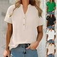 thumbnail image 1 of HomeDM Women's Button Down V Neck Short Sleeve Shirts Solid Color Work Office Casual Tops - Khaki/L, 1 of 9
