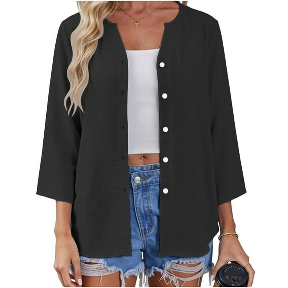 HomeDM Women's Button Down V Neck T-Shirts, Summer 3/4 Sleeve Tops Loose Fit Solid Color Basic Tee - Black/L