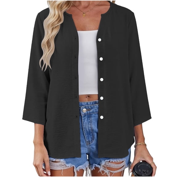 HomeDM Women's Button Down V Neck T-Shirts, Summer 3/4 Sleeve Tops Loose Fit Solid Color Basic Tee - Black/S