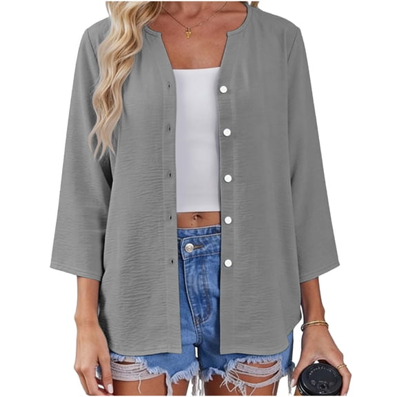HomeDM Women's Button Down V Neck T-Shirts, Summer 3/4 Sleeve Tops Loose Fit Solid Color Basic Tee - Gray/S