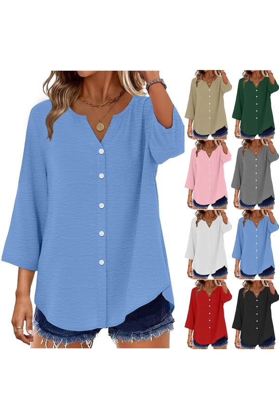 HomeDM Women's Button Down V Neck T-Shirts, Summer 3/4 Sleeve Tops Loose Fit Solid Color Basic Tee - Light Blue/2XL