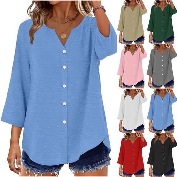 HomeDM Women's Button Down V Neck T-Shirts, Summer 3/4 Sleeve Tops Loose Fit Solid Color Basic Tee - Light Blue/XL