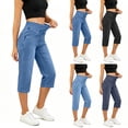 thumbnail image 1 of HomeDM Women's Capri Jeans with Pockets Straight Leg Elastic High Waisted Pull On Denim Pants Blue 3XL, 1 of 8