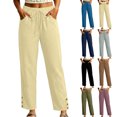 thumbnail image 1 of HomeDM Women's Capri Pants Straight Leg Drawstring Waist Side Button Trim Hem Beige Lounge Trousers with Pockets Size S, 1 of 7