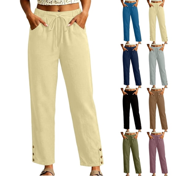 HomeDM Women's Capri Pants Straight Leg Drawstring Waist Side Button Trim Hem Beige Lounge Trousers with Pockets Size S