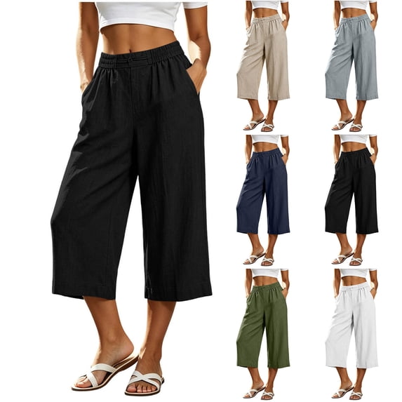 HomeDM Women's Capris Pants Wide Leg Casual High Waisted with Pockets Black Lounge Trousers for Athletic Work Size L