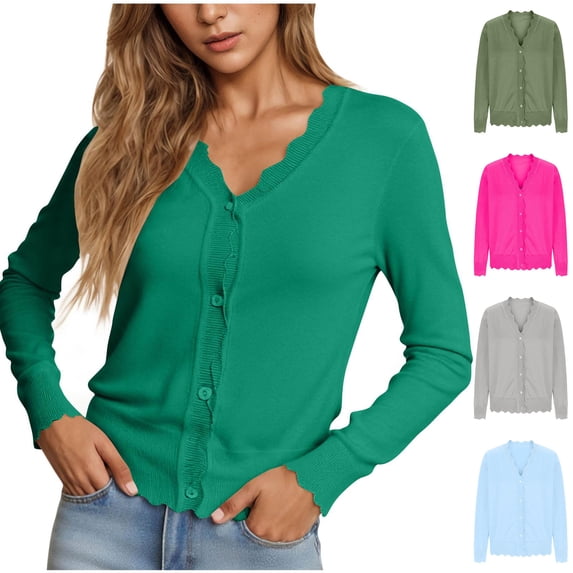 HomeDM Women's Cardigans Long Sleeve Open Front Knit Sweaters Button Down V Neck Ruffled Cropped
