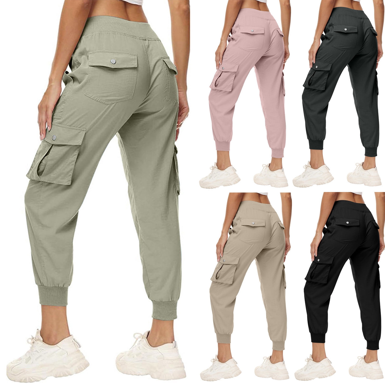 Oalka Women's Hiking Pants Water Resistant Quick Dry Knit Waist Cargo Pockets Pants Black 3XL
