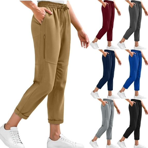 HomeDM Women's Cargo Sweatpants Lightweight Athletic Joggers Elastic Waist Hiking Sweat Pants Casual Travel Pants with Pocket Outdoor Workout Solid Color - Khaki/L