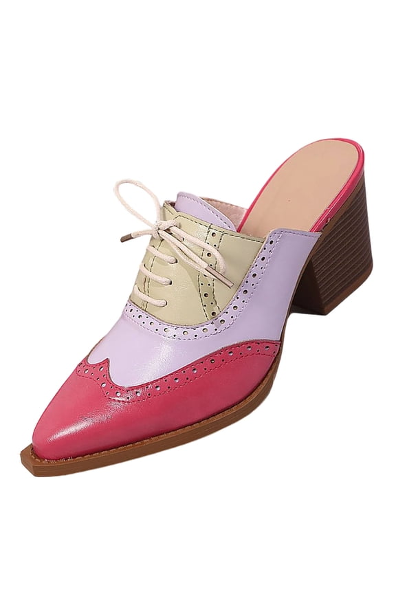 Women's Chunky Block Heels Slip On Mules Closed Pointy Toe Backless Lace Up Clogs Color Block Dress Pumps Sandals, Hot Pink Size 7.5