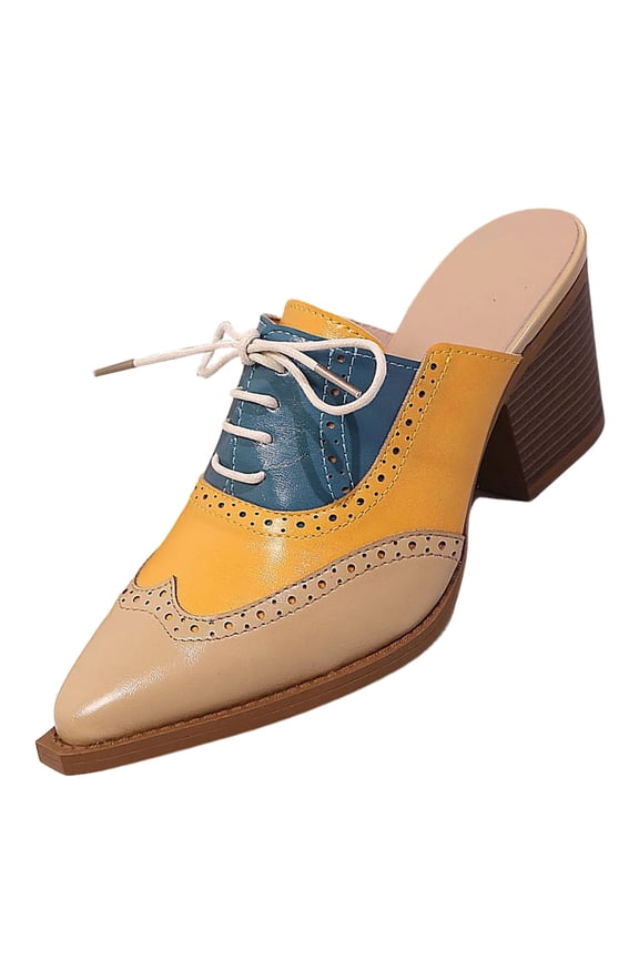 Women's Chunky Block Heels Slip On Mules Closed Pointy Toe Backless Lace Up Clogs Color Block Dress Pumps Sandals, Khaki Size 5.5