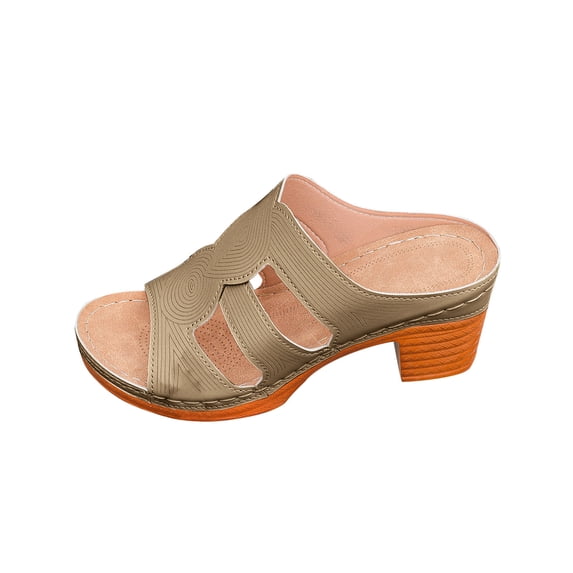 HomeDM Women's Chunky Heel Sandals Platform Strappy Open Toe Slip On Low Block Heel Mules for Summer Vacation, Khaki Size 7.5