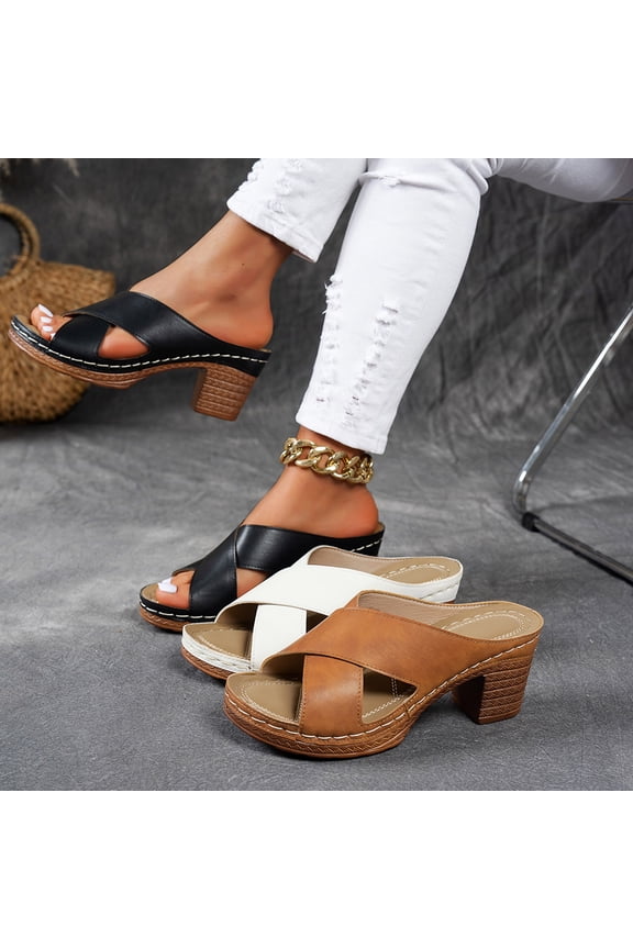 Women's Chunky Heel Sandals Platform Strappy Open Toe Slip on Dress Party Vacation Mules for Summer, Black Size 6