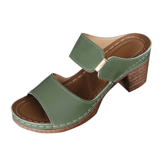 HomeDM Women's Chunky Heels Sandals Slip On Peep Toe Backless Low Block Summer Mules Sandals, Green Size 5.5