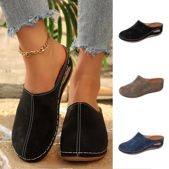 HomeDM Women's Close Toe Wedge Sandals Slip On Comfort Mules Summer Casual Walking Shoes, Black Size 5.5