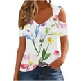 thumbnail image 1 of HomeDM Women's Cold Shoulder Shirts V Neck Short Sleeve T-Shirts Casual Loose Fit Floral Hollow Out Casual Tee Shirts S-2XL, 1 of 7
