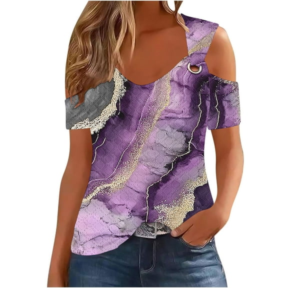 HomeDM Women's Cold Shoulder Short Sleeve T-Shirts Summer Hollow Out Floral V Neck Loose Fit Shirts S-2XL