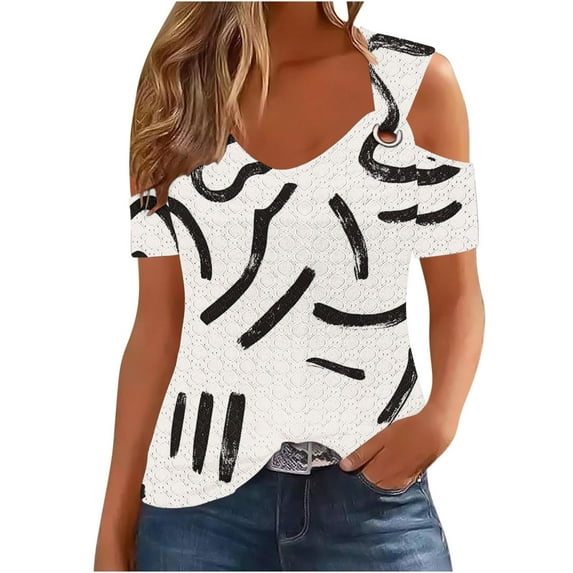 HomeDM Women's Cold Shoulder Short Sleeve T-Shirts Summer Hollow Out Floral V Neck Loose Fit Shirts S-2XL