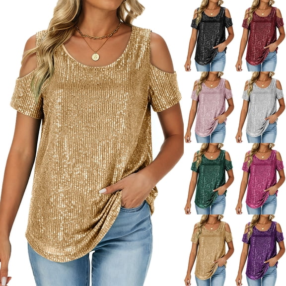HomeDM Women's Crew Neck Sequins Shirts, Short Sleeve Cold Shoulder Sparkly Glitter Tops Solid Color, Gold