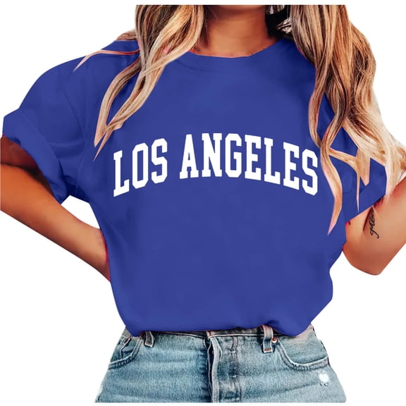 HomeDM Women's Crew Neck Summer Tops, Short Sleeve Loose Fit Dressy Letter Print Casual Tee Shirts - Blue/L