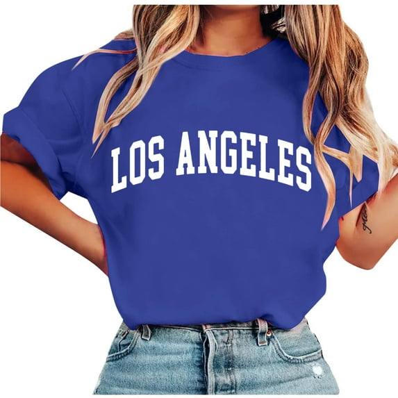 HomeDM Women's Crew Neck Summer Tops, Short Sleeve Loose Fit Dressy Letter Print Casual Tee Shirts - Blue/XL