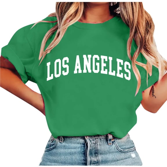 HomeDM Women's Crew Neck Summer Tops, Short Sleeve Loose Fit Dressy Letter Print Casual Tee Shirts - Green/S